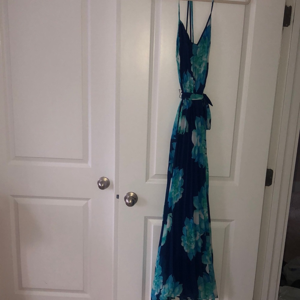 Bisou Bisou Women's Blue Floral Pleated Chiffon Strappy Maxi Dress